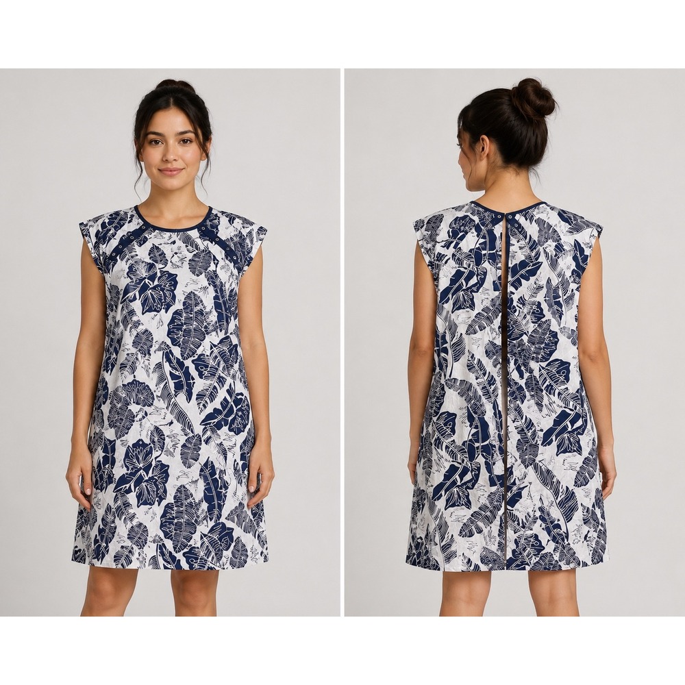 Gownies Hospital Gown Women Navy Blue White Tropical Leaf Print Cotton Snap S/M